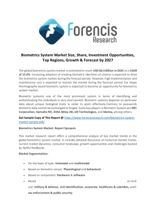 Biometrics System Market Size, Share, Investment Opportunities, Top Regions, Growth & Forecast by 2027