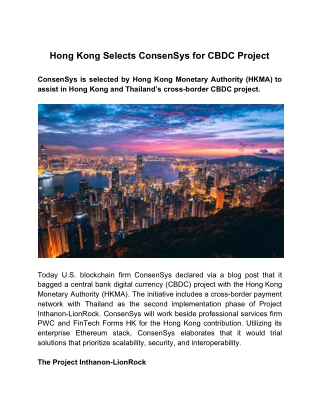 Hong Kong Selects ConsenSys for CBDC Project