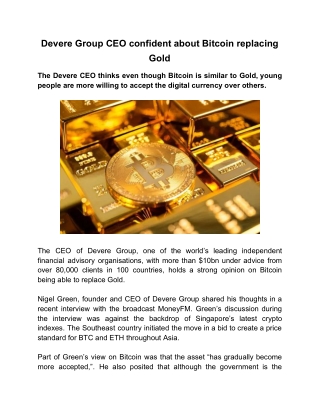 Devere Group CEO Confident About Bitcoin Replacing Gold