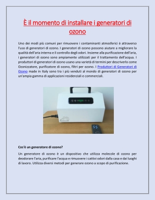 È il momento di installare i generatori di ozono