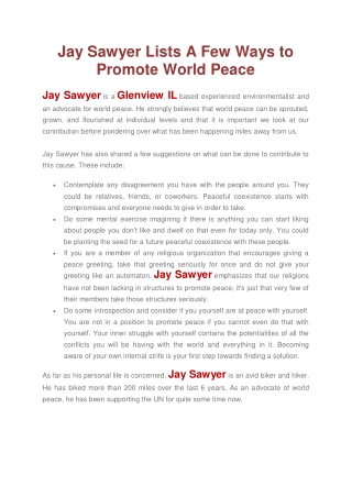 Jay Sawyer Lists A Few Ways to Promote World Peace