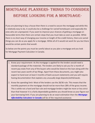Mortgage planners- Things to consider before looking for a mortgage-