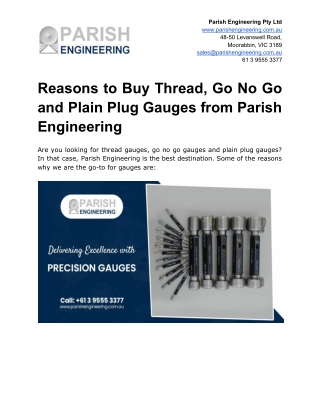 Reasons to Buy Thread, Go No Go and Plain Plug Gauges from Parish Engineering