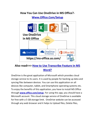 How You Can Use OneDrive in MS Office?- Www.Office.Com/Setup