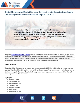 Digital Therapeutics Market Regional Analysis by Product, Region, and Key Players, 2025