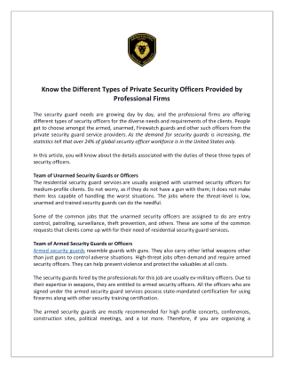 Know the Different Types of Private Security Officers Provided by Professional Firms