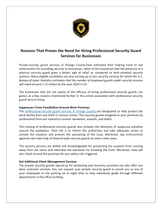 Reasons That Proves the Need for Hiring Professional Security Guard Services for Businesses