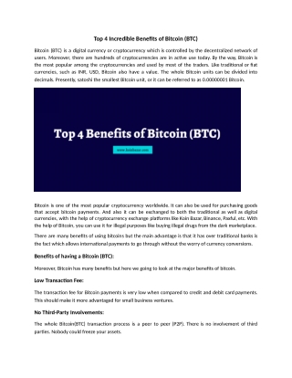 Top 4 Incredible Benefits of Bitcoin (BTC)