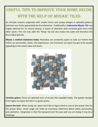 Useful Tips To Improve Your Home Decor With The Help Of Mosaic Tiles