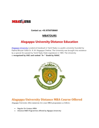 Alagappa University Distance MBA Admission | Courses| Fees