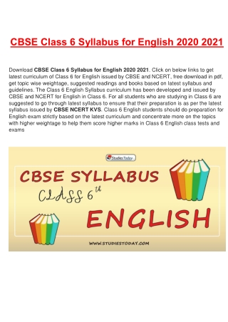 CBSE Syllabus for Class 6 English Revised for 2020-21| Download in PDF