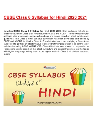 CBSE Syllabus for Class 6 Hindi Revised for 2020-21| Download in PDF