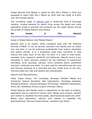Salicylic Acid Market 2020 Industry Research, Share, Trend, Global Industry Size, Future Analysis, Regional Outlook to 2