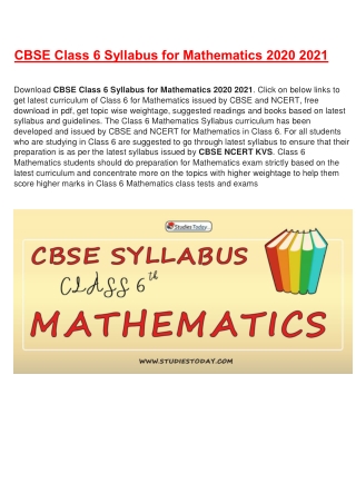 CBSE Syllabus for Class 6 Mathematics Revised for 2020-21| Download in PDF