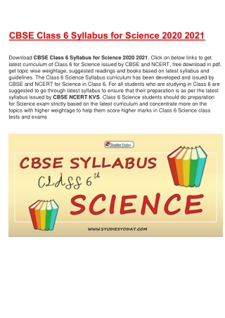 CBSE Syllabus for Class 6 Science Revised for 2020-21| Download in PDF