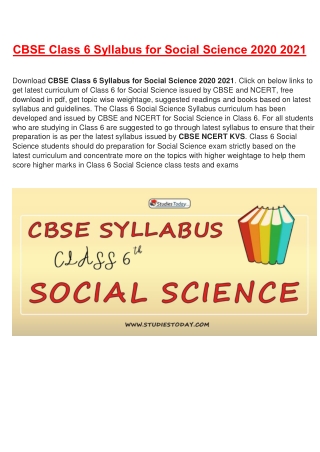 CBSE Syllabus for Class 6 Social Science Revised for 2020-21| Download in PDF