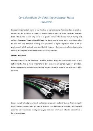 Considerations On Selecting Industrial Hoses Providers