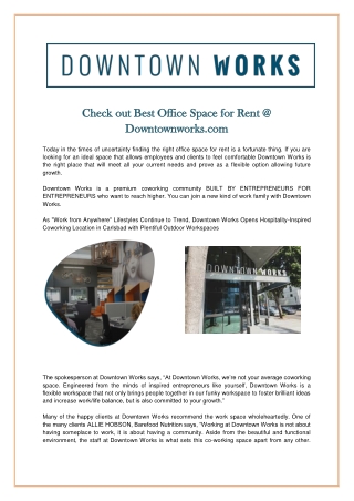 Check out Best Office Space for Rent @ Downtownworks.com
