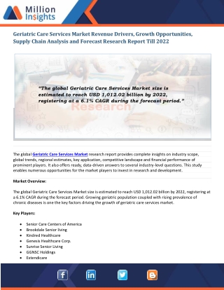 Geriatric Care Services Market Emerging Factors, Future Demands & Key Players, 2022