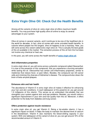 Extra Virgin Olive Oil: Check Out the Health Benefits