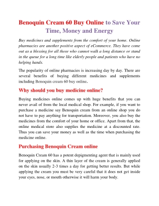 Benoquin Cream 60 Buy Online to Save Your Time, Money and Energy