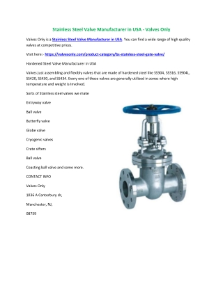 Stainless Steel Valve Manufacturer in USA - Valves Only