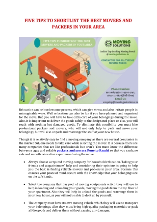 FIVE TIPS TO SHORTLIST THE BEST MOVERS AND PACKERS IN YOUR AREA