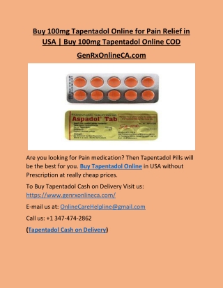 Buy 100mg Tapentadol Online for Pain Relief in USA | Buy 100mg Tapentadol Online COD