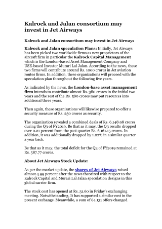Kalrock and Jalan consortium may invest in Jet Airways