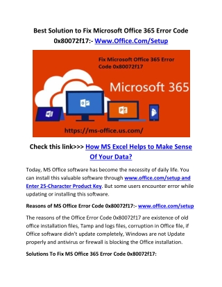 Best Solution to Fix Microsoft Office 365 Error Code 0x80072f17:- Www.Office.Com/Setup