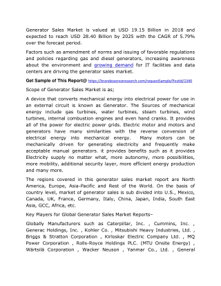 Generator Sales Market Size, Share, Opportunities, Demands and Growth Revenue by 2025 | Brandessence Market Research Rep