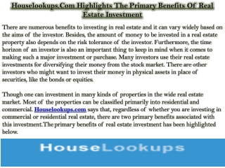 Houselookups.Com Highlights The Primary Benefits Of Real Estate Investment