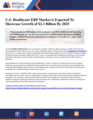 U.S. Healthcare ERP Market is Expected To Showcase Growth of $2.1 Billion By 2025