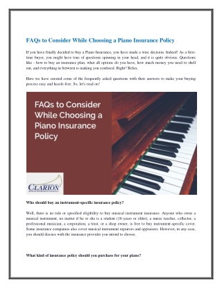 FAQs to Consider While Choosing a Piano Insurance Policy
