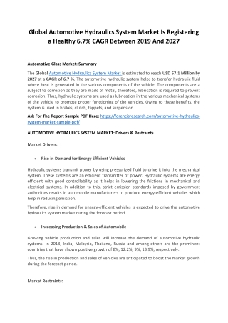 Global Automotive Hydraulics System Market Is Registering a Healthy 6.7% CAGR Between 2019 And 2027