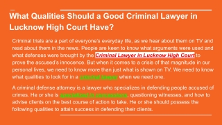 What Qualities Should a Good Criminal Lawyer in Lucknow High Court Have?