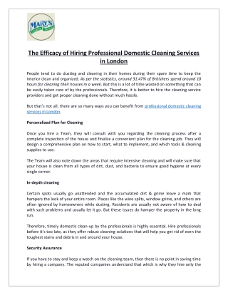 The Efficacy of Hiring Professional Domestic Cleaning Services in London