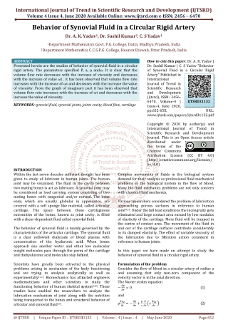 Behavior of Synovial Fluid in a Circular Rigid Artery