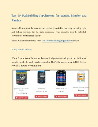 Top 10 Bodybuilding Supplements for gaining Muscles and Stamina