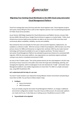 Migrating Your Existing Cloud Workloads to the AWS Cloud using Jamcracker Cloud Management Platform