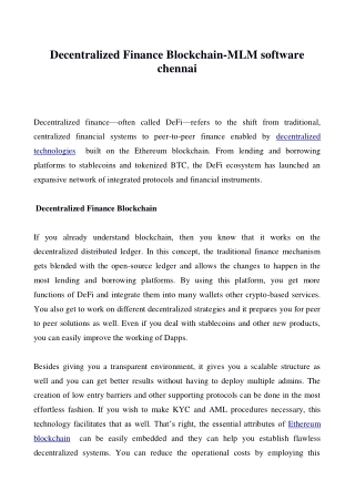 Decentralized Finance Blockchain-MLM software chennai