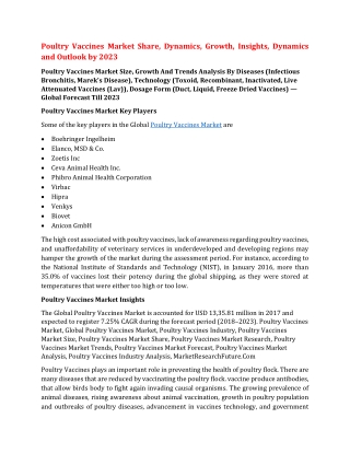 Poultry Vaccines Market Share, Dynamics, Growth, Insights, Dynamics and Outlook by 2023