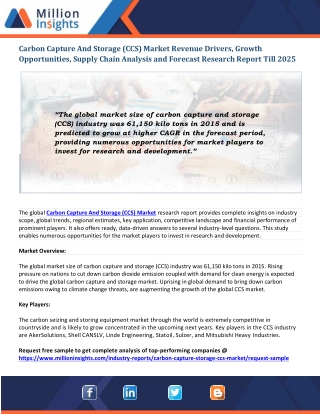 Carbon Capture And Storage (CCS) Market Segment Analysis | Prominent Players | Forecast To 2025