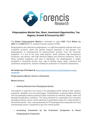 Polypropylene Market Size, Share, Investment Opportunities, Top Regions, Growth & Forecast by 2027