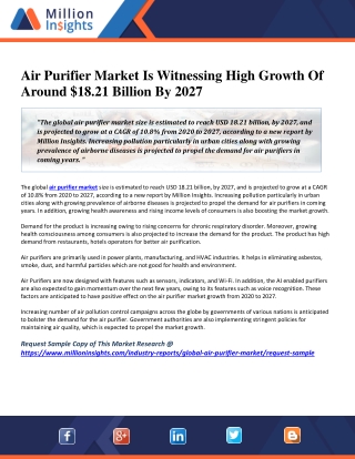 Air Purifier Market Is Witnessing High Growth Of Around $18.21 Billion By 2027