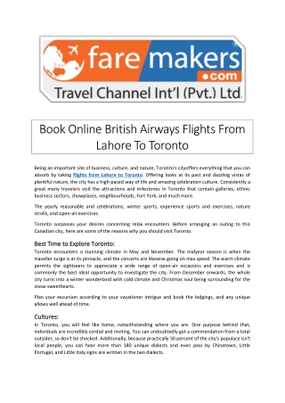 Visit Toronto With British Airways Faremakers