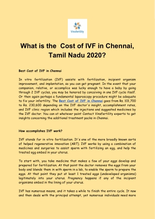 What is the  Cost of IVF in Chennai, Tamil Nadu 2020?