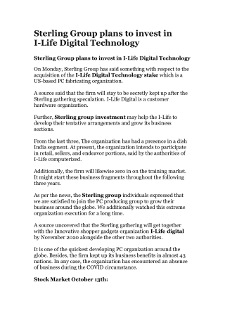Sterling Group plans to invest in I-Life Digital Technology