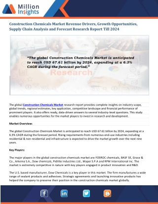 Construction Chemicals Market Growth | Key Players and Opportunities | Forecast To 2024