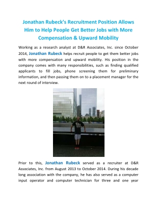 Jonathan Rubeck’s Recruitment Position Allows Him to Help People Get Better Jobs with More Compensation & Upward Mobilit